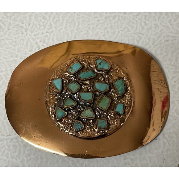 Vintage Belt Buckle Solid Copper Turquoise Inlay Nickel Silver Bell - Picture 2 of 16